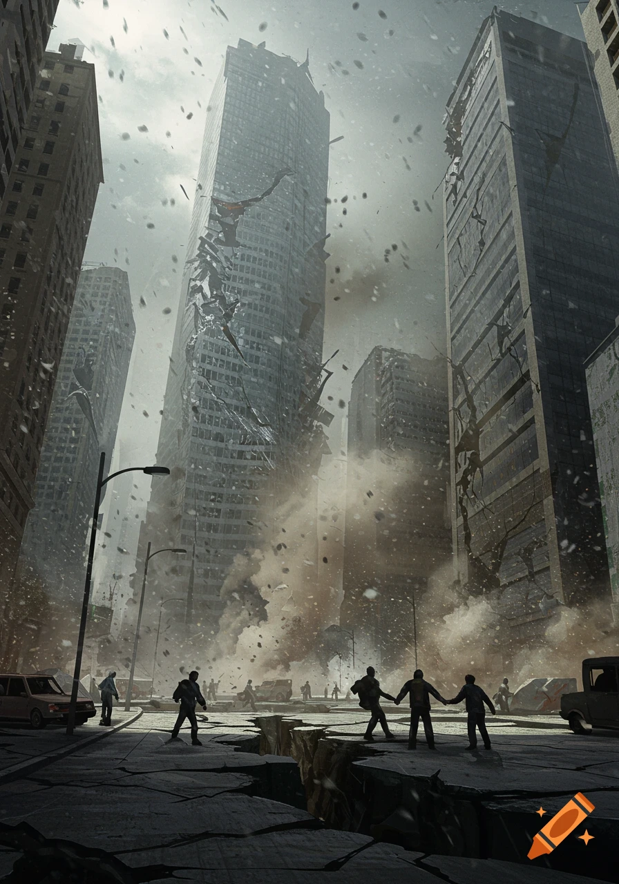 An earthquake has devastated a city, showing towering, crumbling skyscrapers, cracked streets, and dust-filled air. Silhouetted figures navigate the debris-strewn ground.