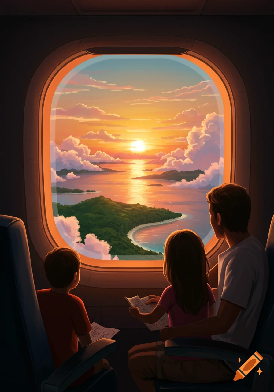 A family in an airplane looking out the window at a vibrant sunset over a tropical island in an illustrated style.