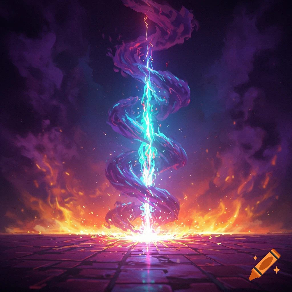 Vibrant magical energy pillar with swirling blue, green, and purple light, surrounded by fire and smoke on a dark tiled floor, digital art.
