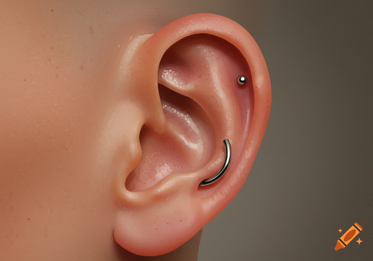 Close-up of a human ear with a tragus piercing and a curved barbell piercing.