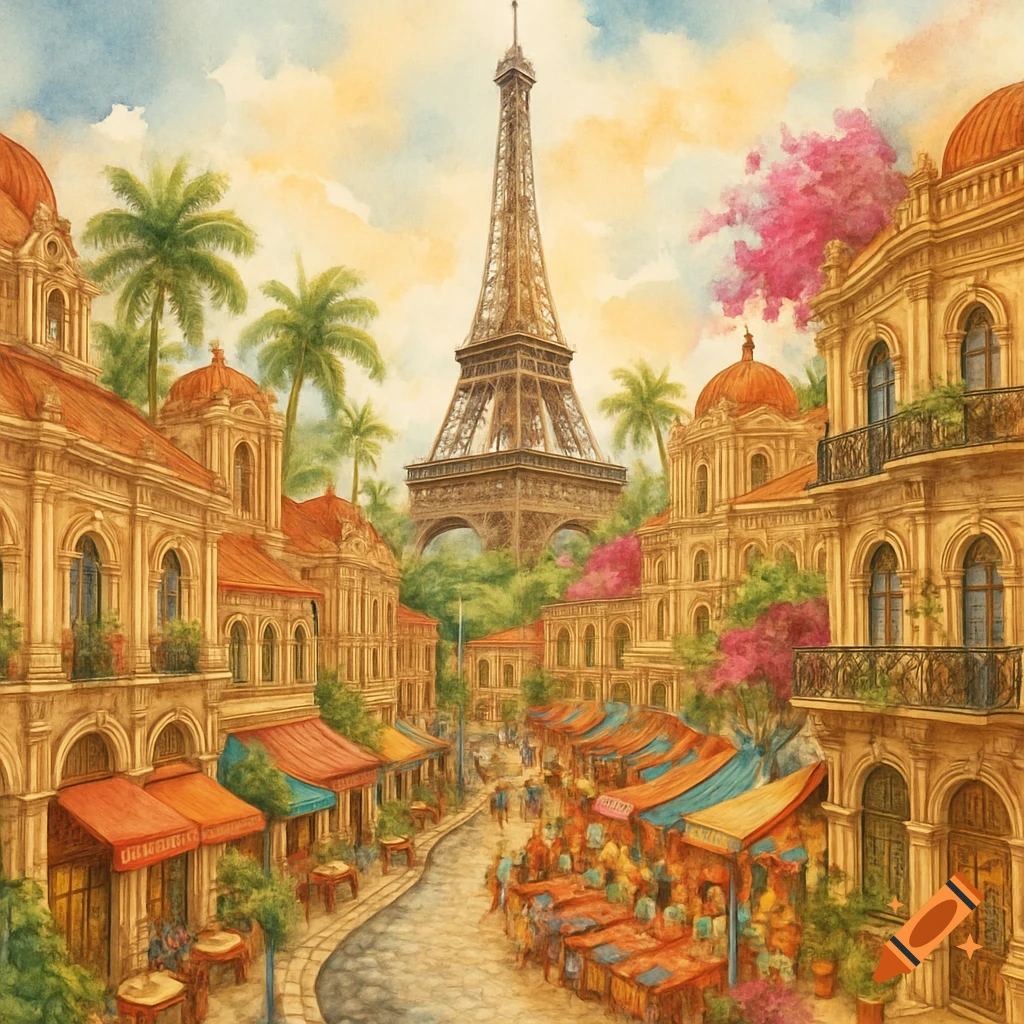 A watercolor painting of a unique city with the Eiffel Tower, ornate buildings, palm trees, and a vibrant marketplace.