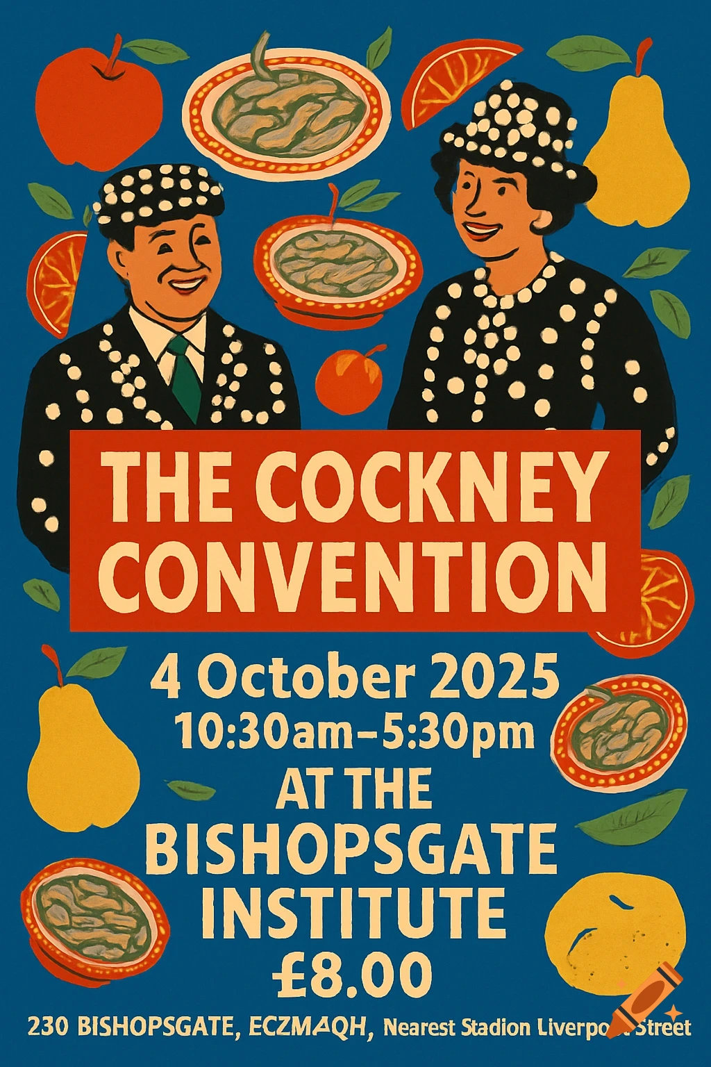 A flat graphic poster for 'The Cockney Convention' on a blue background. It features two smiling figures in pearly king and queen outfits, surrounded by illustrations of jellied eels, apples, pears, oranges, and potatoes.