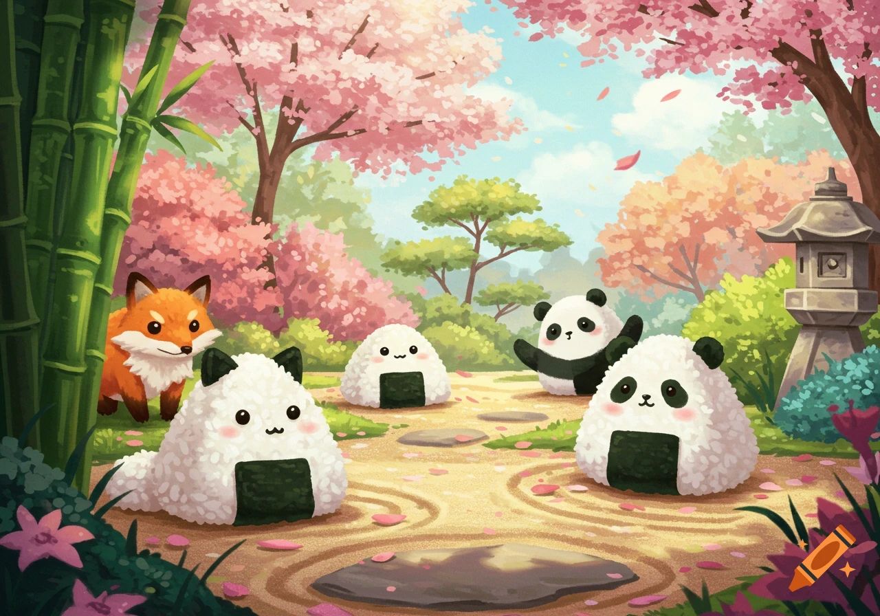 Cute cartoon onigiri characters and pandas in a vibrant Japanese garden with cherry blossoms and bamboo.
