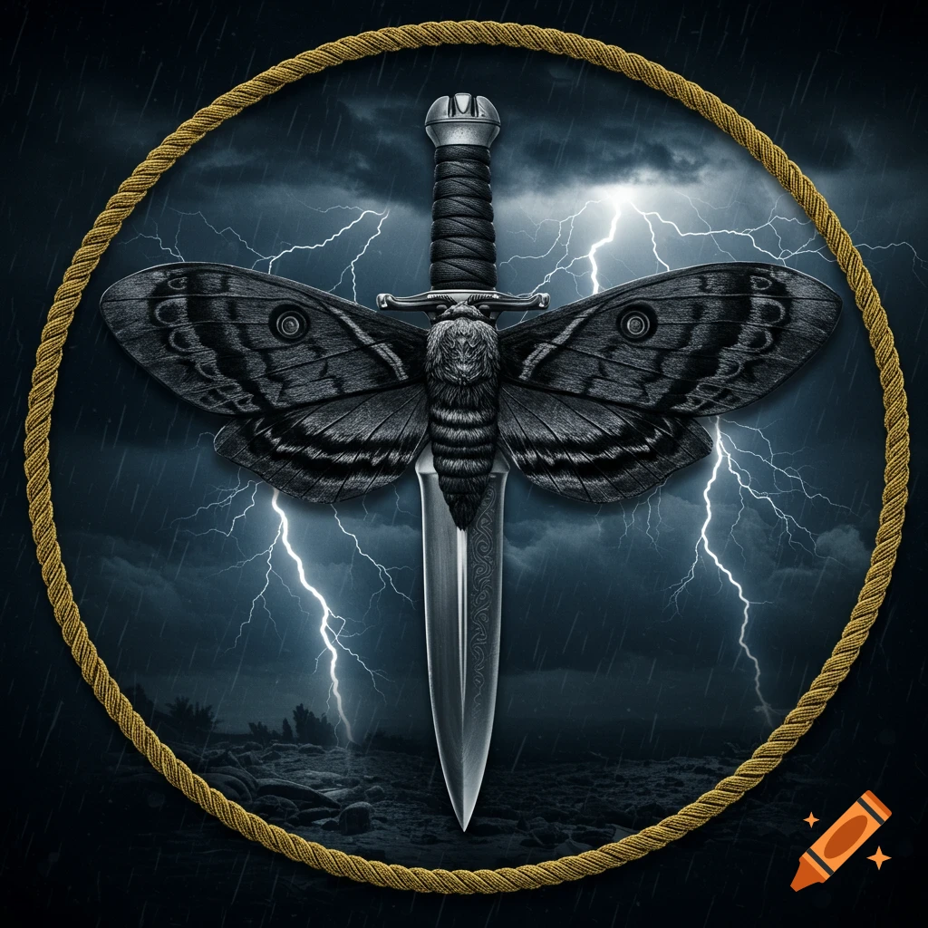 A military patch design featuring a large dark moth impaled by a silver dagger, encircled by a rope border, set against a stormy sky with lightning and rain.