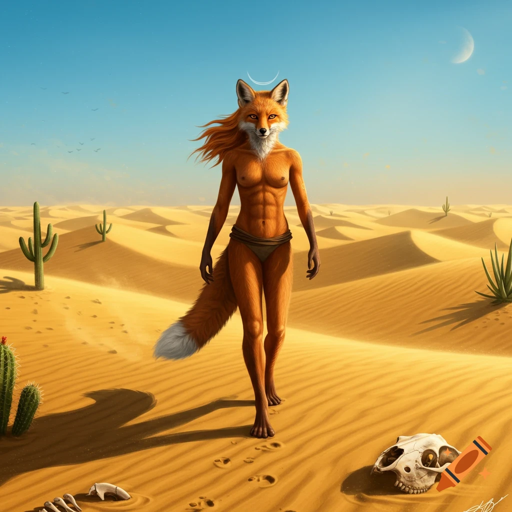 An anthropomorphic fox with a human torso and fox head and tail walks across a desert landscape with sand dunes and cacti.