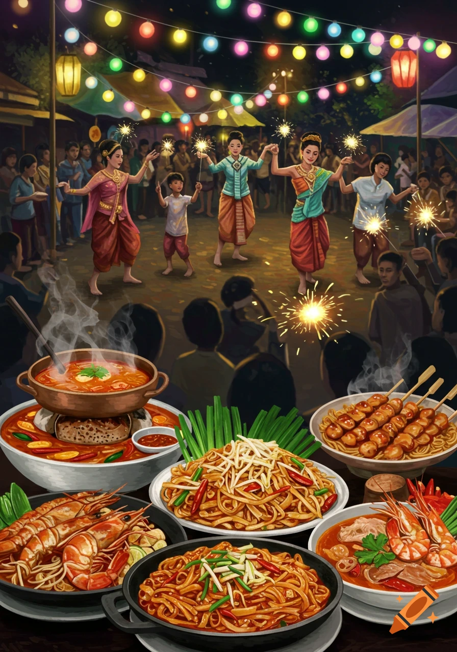 Vibrant illustration of a Thai festival with people dancing, holding sparklers under string lights, and a foreground full of delicious Thai food.
