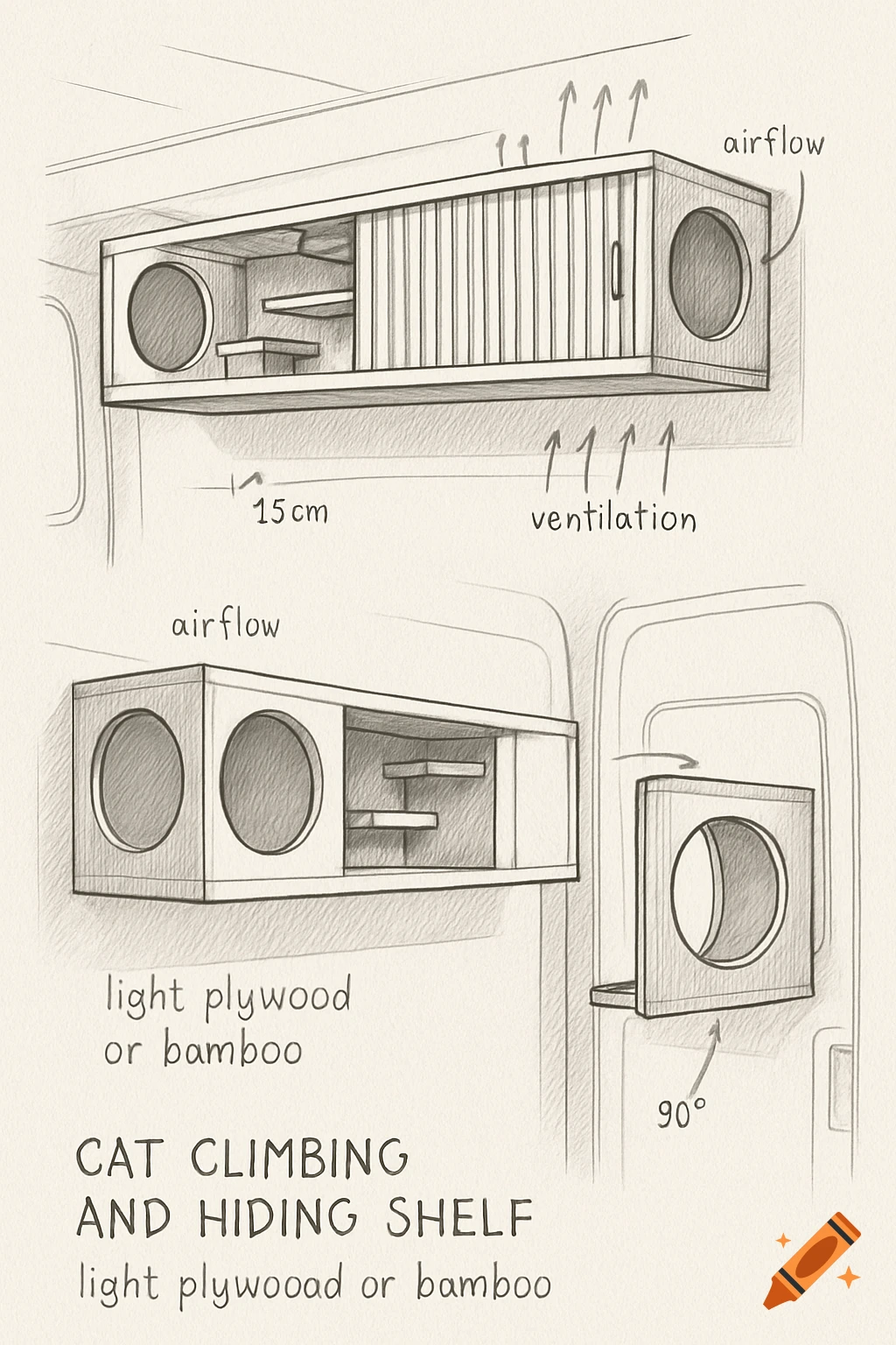 Technical sketch of a light plywood cat climbing and hiding shelf for a camper van, showing multiple views and ventilation.