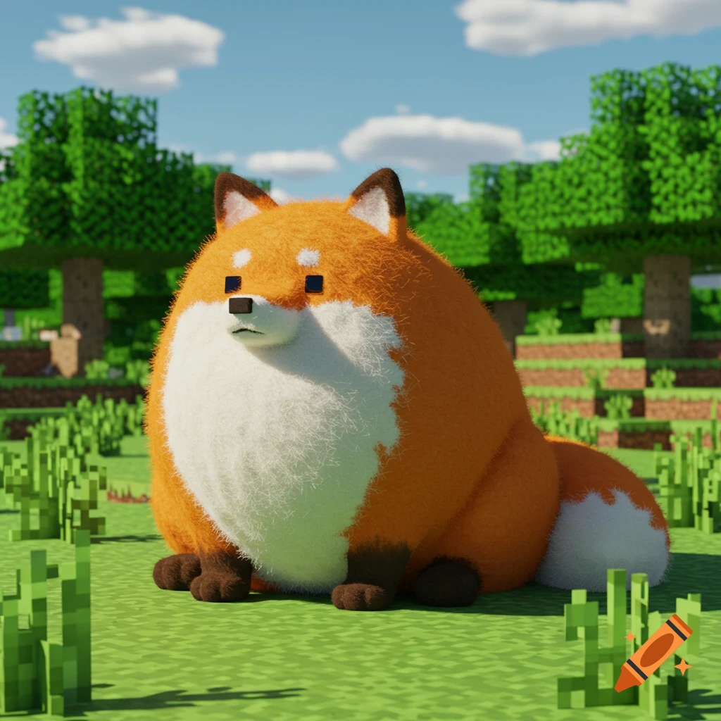 A fluffy, fat fox sits in a blocky, grassy Minecraft-style field under a blue sky with clouds.