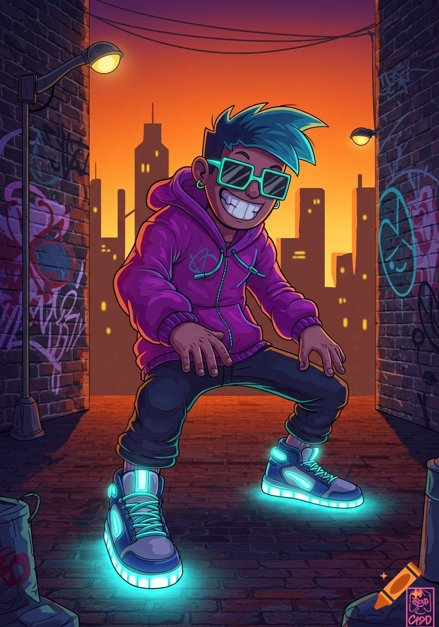 A cool cartoon character with blue hair, green sunglasses, a purple hoodie, and glowing sneakers in an urban alley at sunset.
