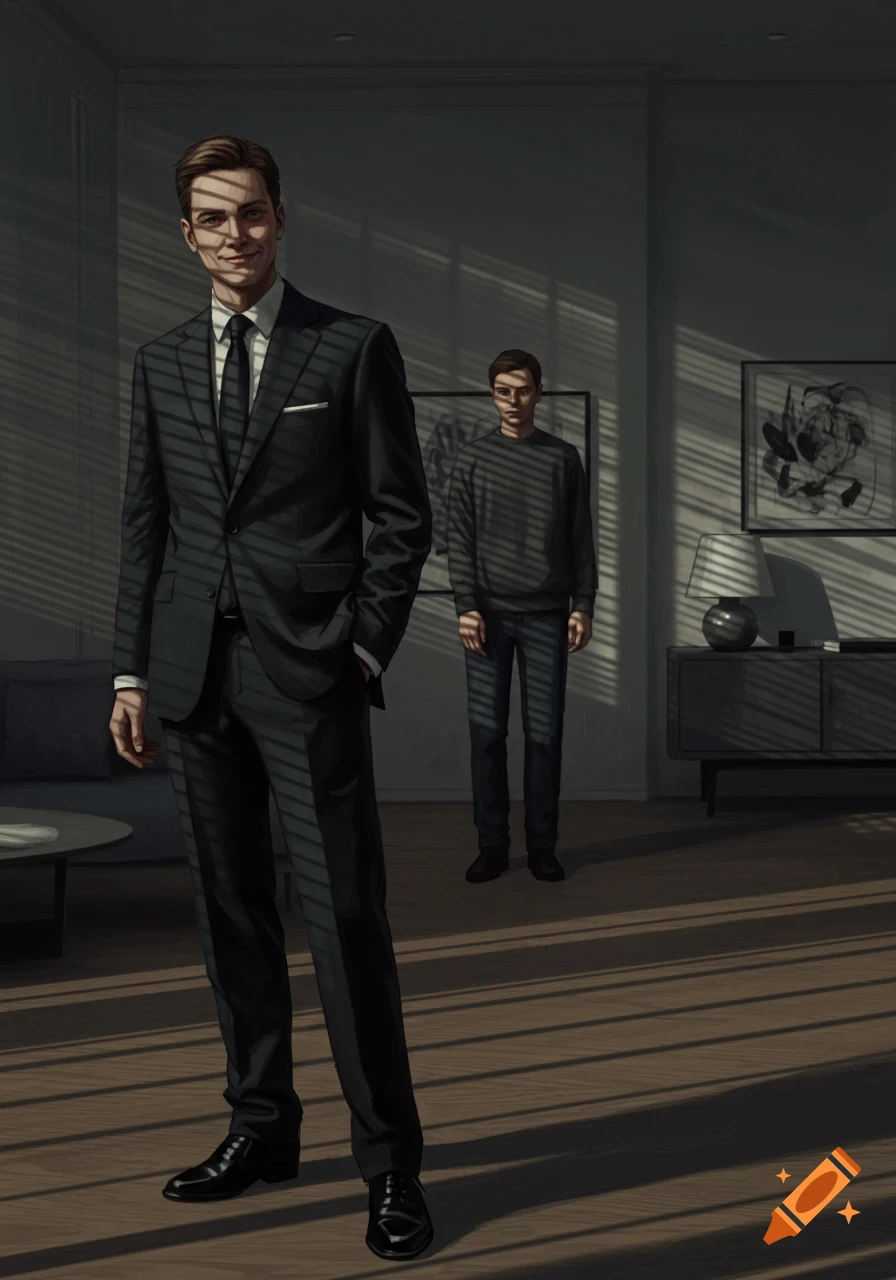 A man in a suit smiles confidently in the foreground, while another man in casual clothes stands seriously in a shadowed room.