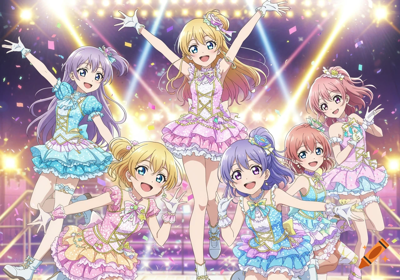 Six adorable anime girls in colorful idol dresses pose on a brightly lit stage with confetti, in anime style.