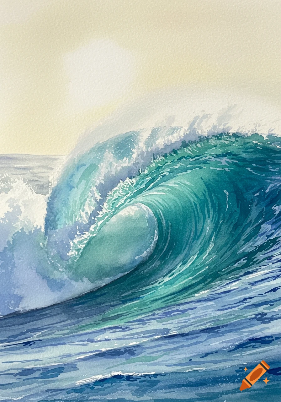 Watercolor painting of a large, breaking ocean wave with foamy crests and deep teal and blue water.