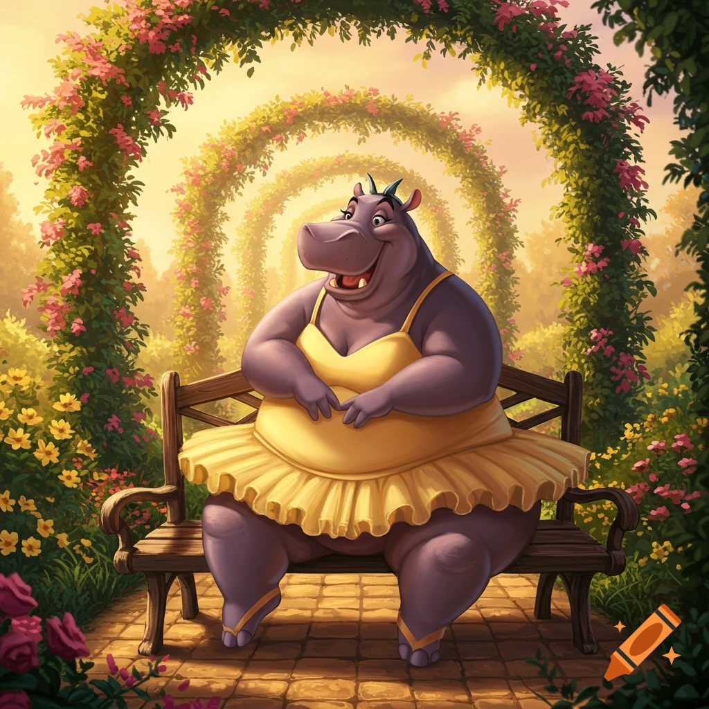 A cartoon hippo in a yellow tutu sits on a tiny wooden bench under archways of pink flowers in a sunny garden.
