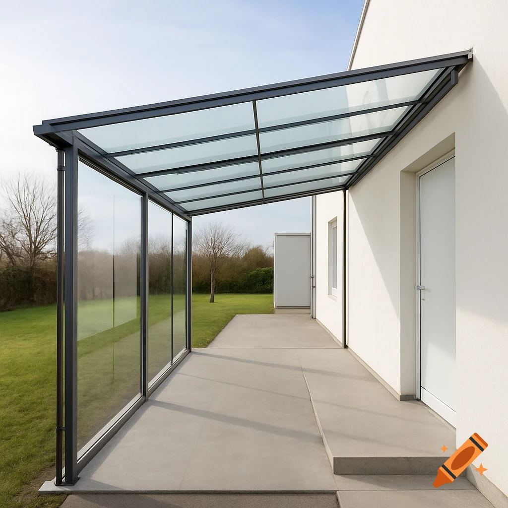 Modern glass-enclosed outdoor walkway attached to a white building, with a paved patio and green lawn.