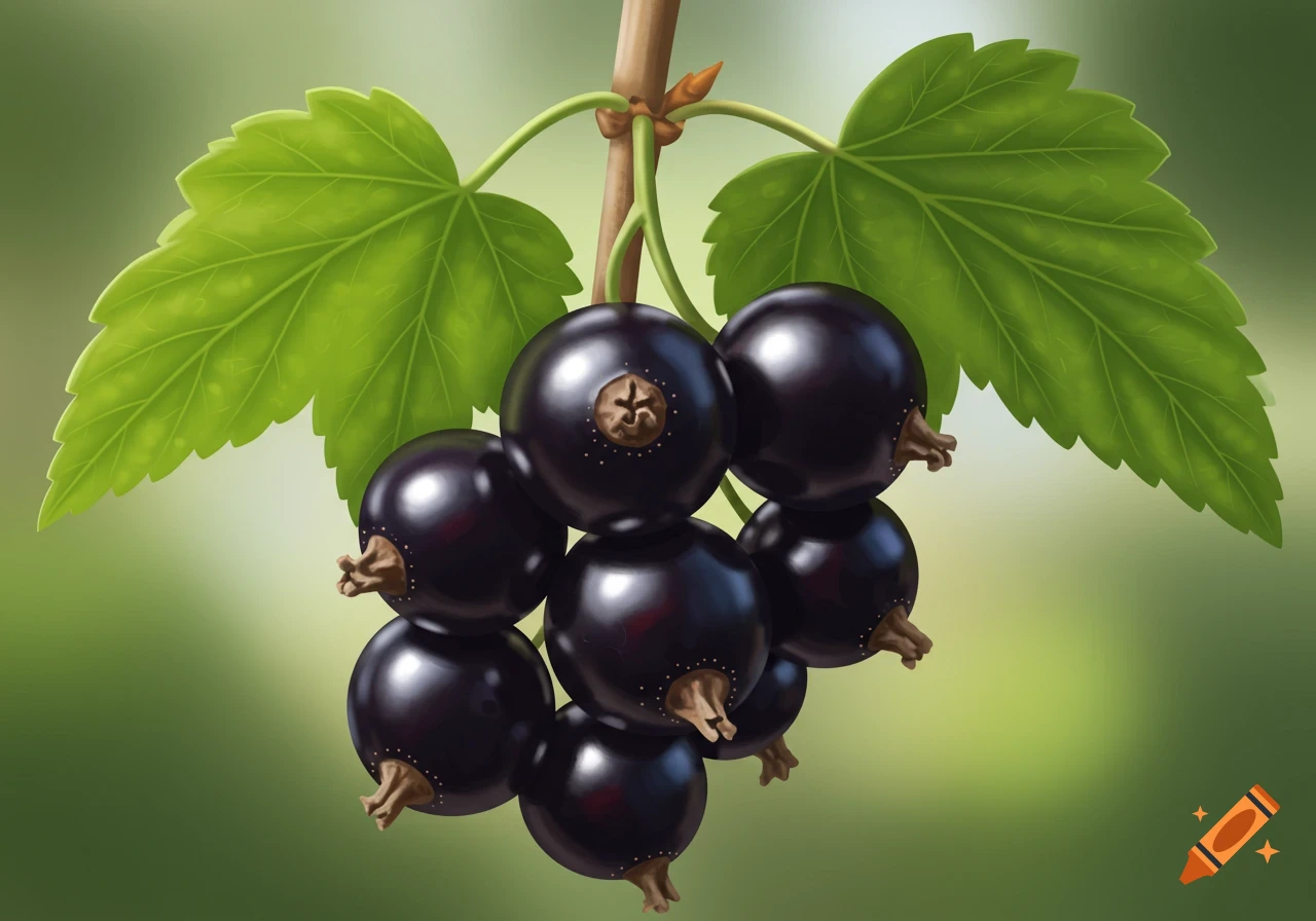 A vibrant illustration of a cluster of glossy blackcurrants hanging from a branch with two green leaves against a soft green background.