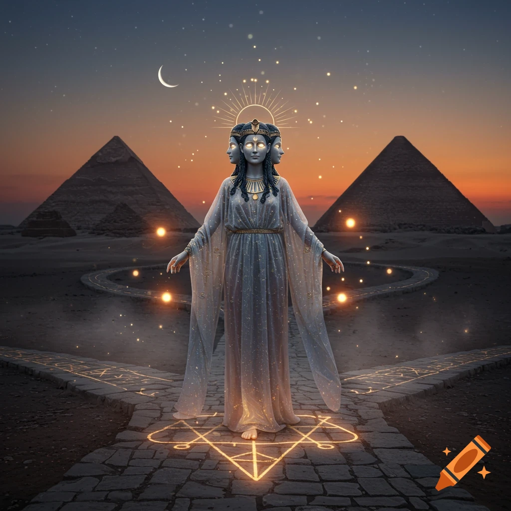 Hyperrealistic Hecate-Isis, a three-faced goddess, stands on glowing symbols at a desert crossroads with pyramids at twilight.