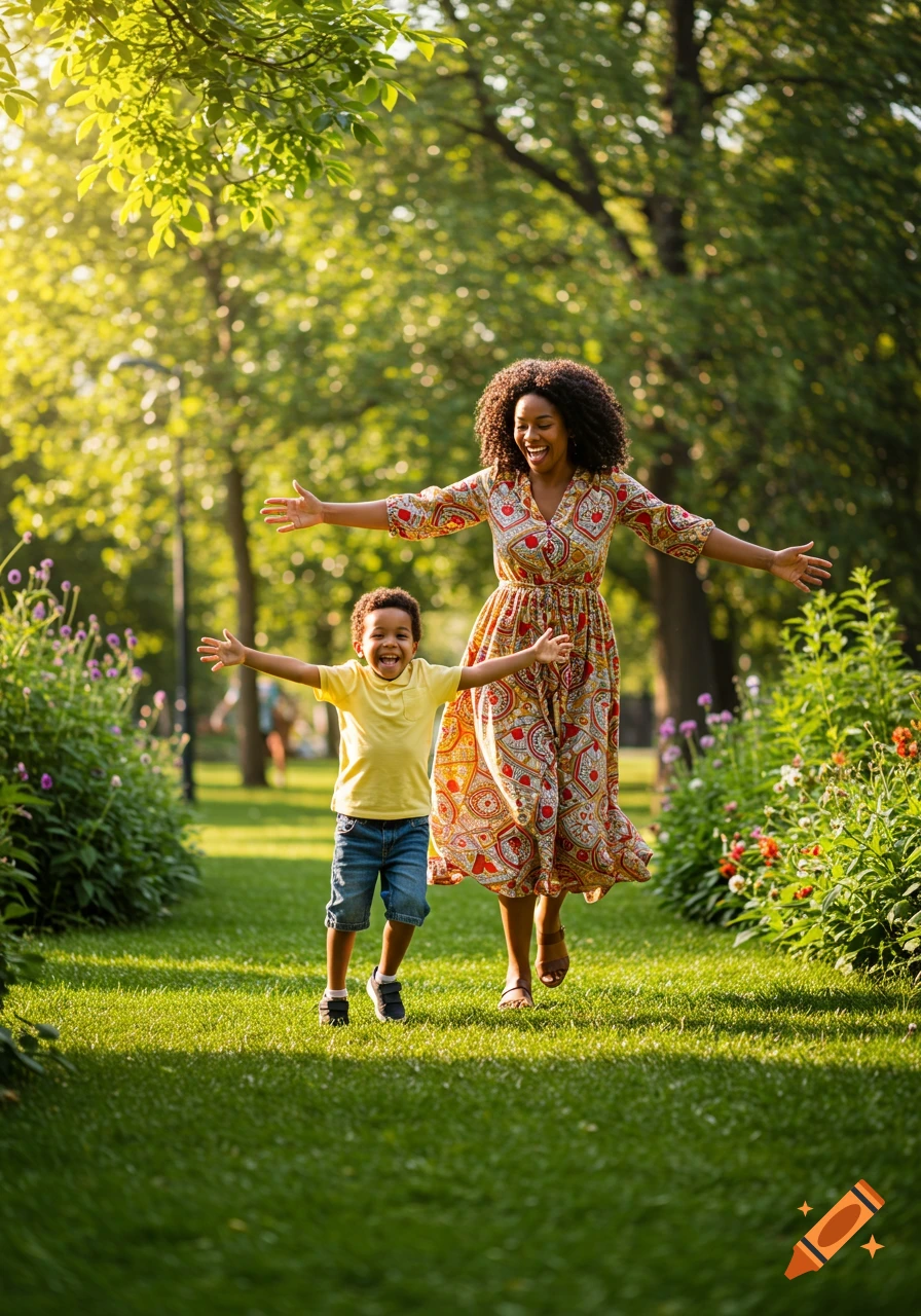 A smiling African American woman and young boy run with open arms in a sunny park. Photorealistic.