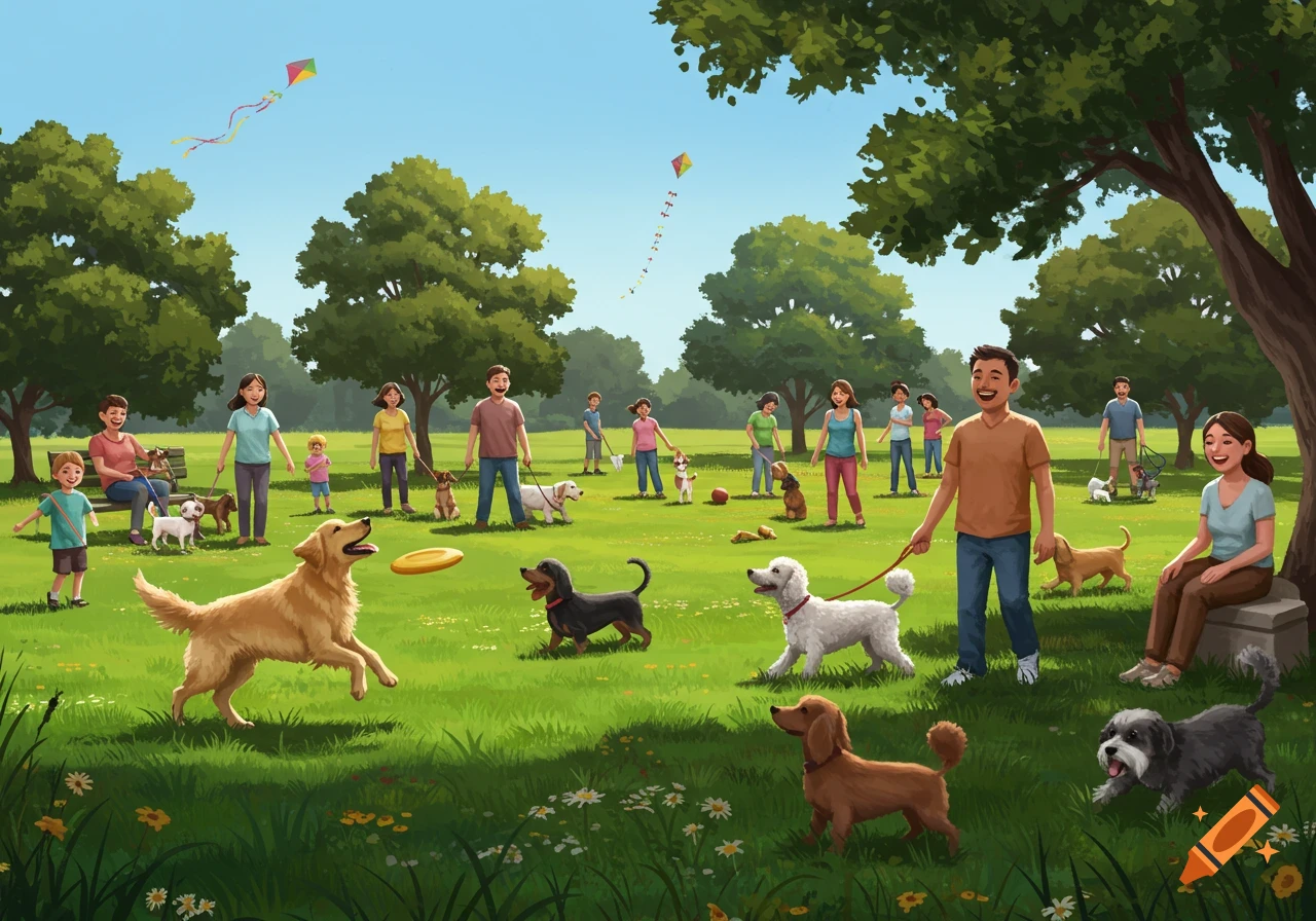 Illustrated scene of many people and dogs playing and walking in a sunny green park with trees and kites flying.