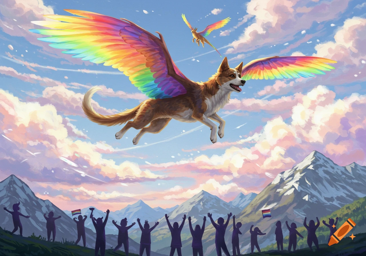 A brown and white dog with rainbow wings flies majestically over mountains where silhouetted people cheer, under a colorful sky.