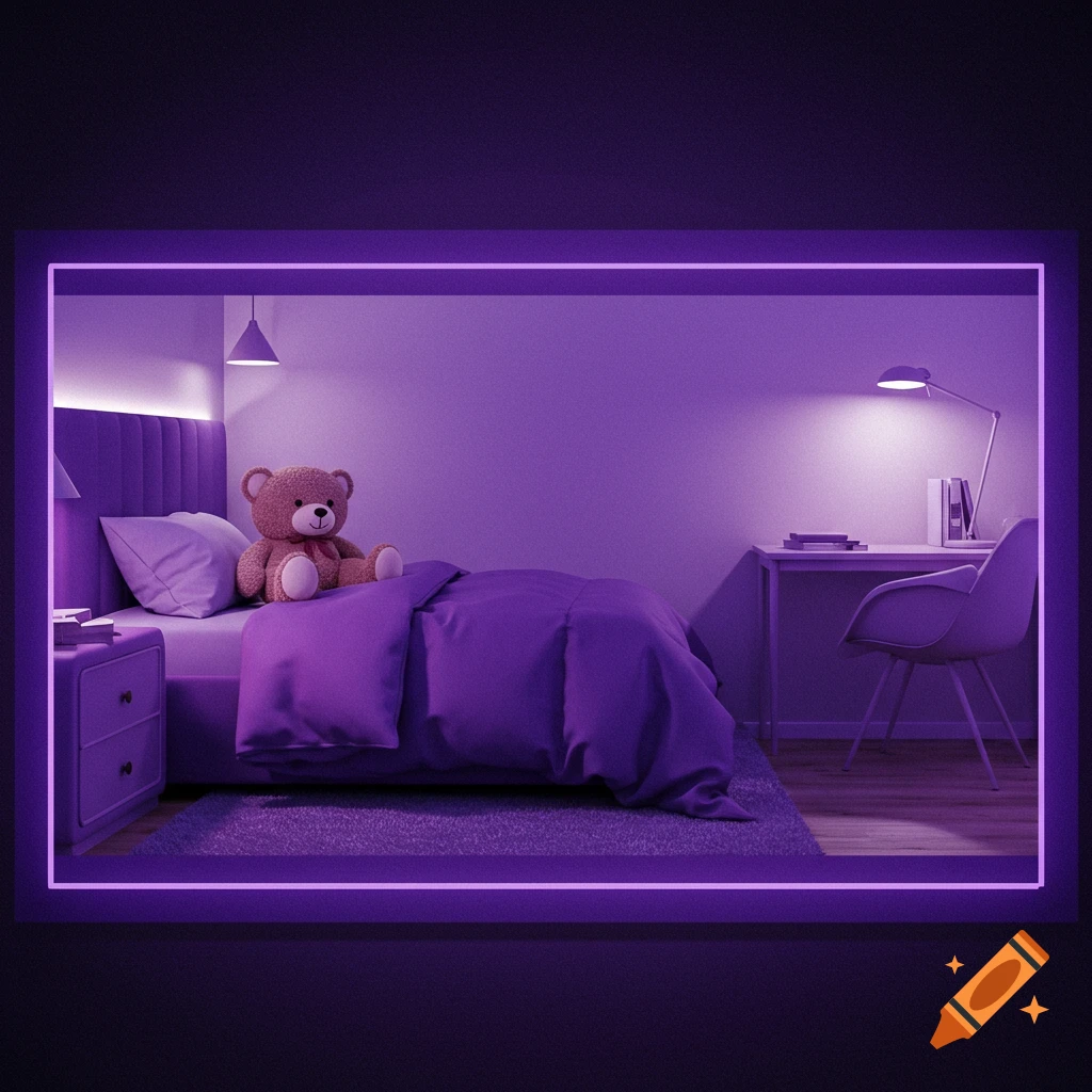 A stylized purple bedroom interior featuring a teddy bear sitting on a bed, a nightstand, and a desk with a lamp, all enclosed within a glowing violet rectangular frame.