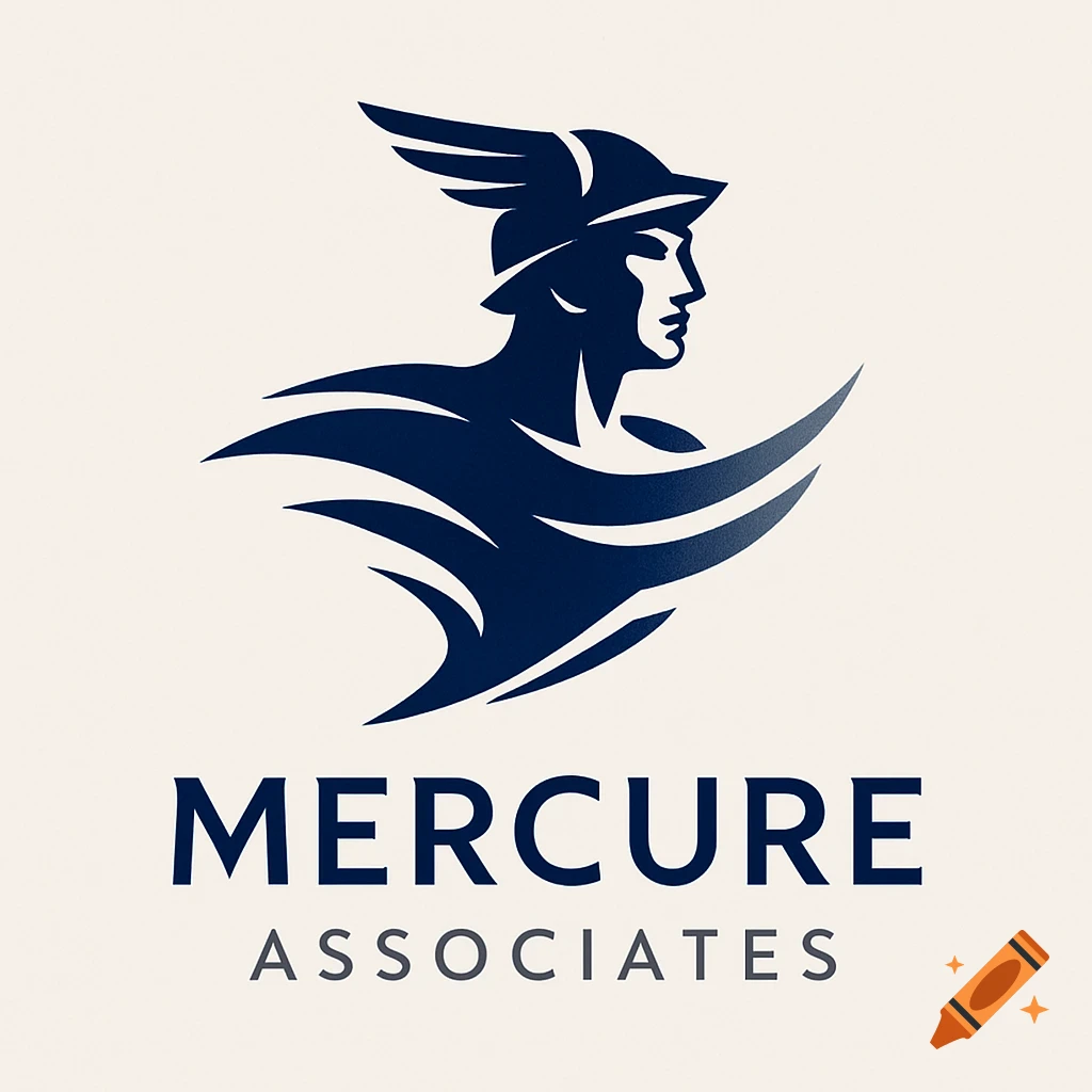 A modern, navy blue logo featuring the stylized silhouette of a winged figure, likely Mercury, above the words 'MERCURE ASSOCIATES' in two lines on a light background.