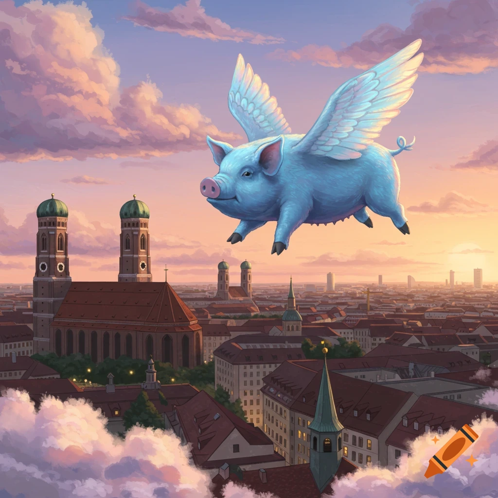 A blue pig with white wings flies over a detailed European city at sunset, featuring prominent twin-domed towers.