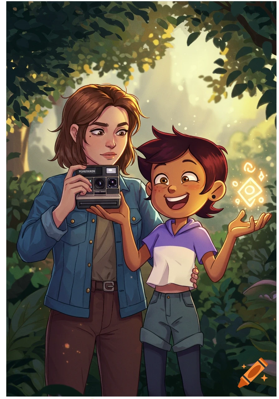 Two animated women in a lush forest. One holds a vintage camera, the other smiles, holding a glowing magical symbol.