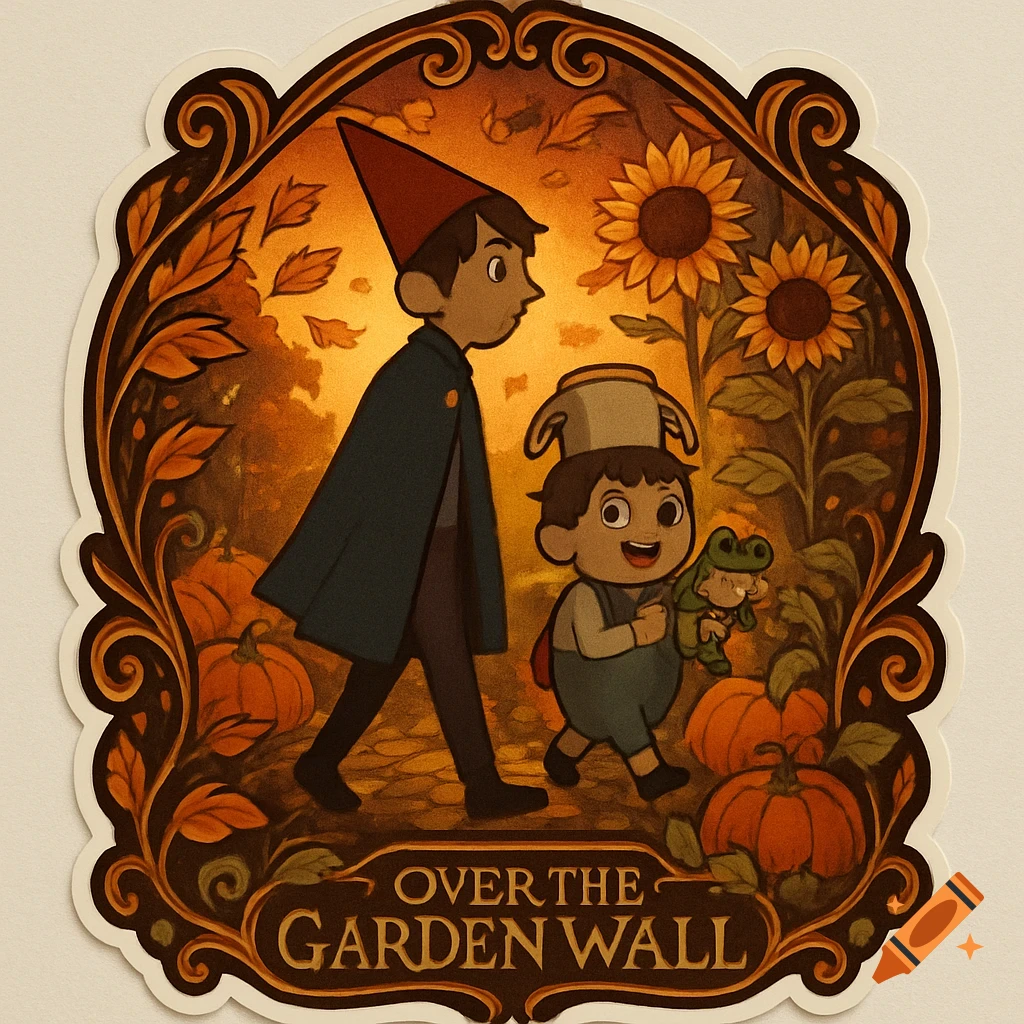 Cartoon boys Wirt and Greg from Over the Garden Wall walk through an autumnal forest with pumpkins and sunflowers. Text: 'OVER THE GARDEN WALL'.