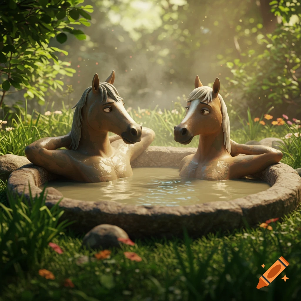 Two anthropomorphic horses relax in a steaming mud hot tub in a lush, sunlit forest, 3D animation.