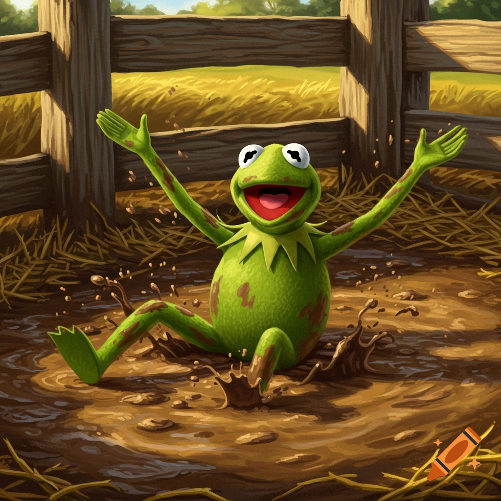 Kermit the Frog happily covered in mud, sitting in a muddy pigpen with a wooden fence and golden fields in the background.