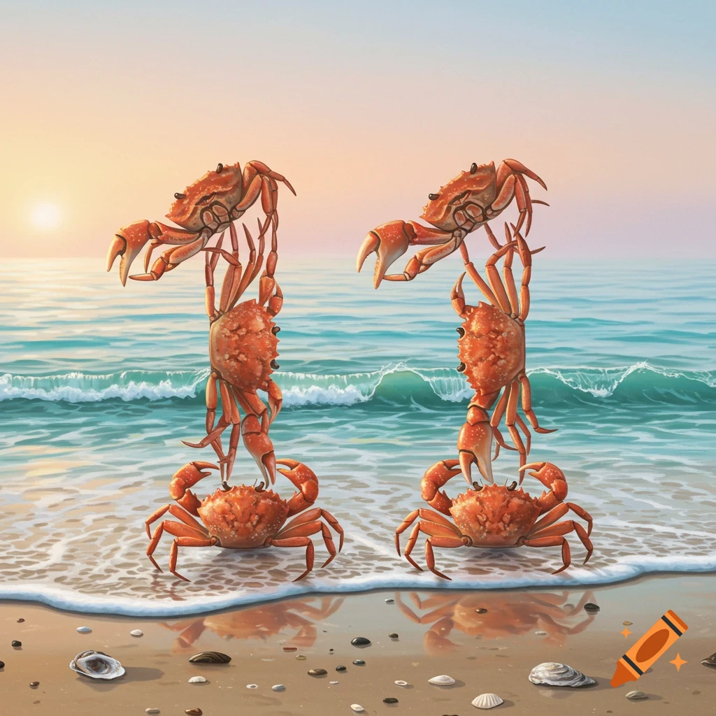 Two stacks of orange crabs forming the number 11 on a sandy beach with foamy waves under a sunset sky.