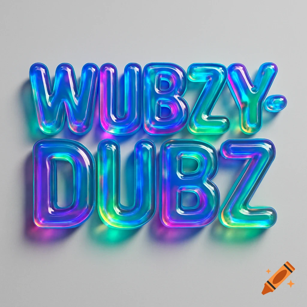 3D text "WUBZY. DUBZ" rendered in shimmering, iridescent blue and purple jelly letters on a light gray background.