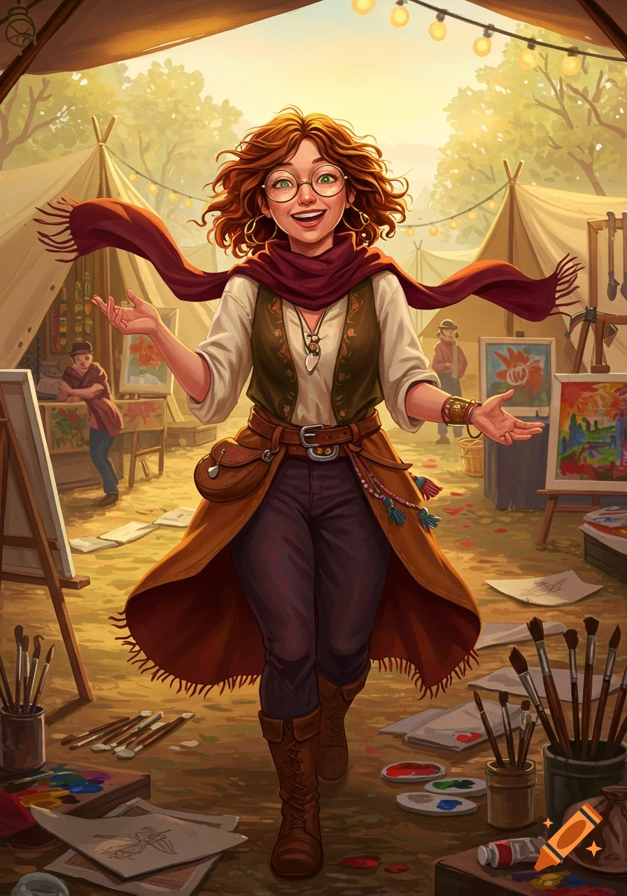 A smiling, red-haired woman with glasses and a scarf stands at an outdoor art market, surrounded by easels and painting supplies, in a warm, illustrative style.