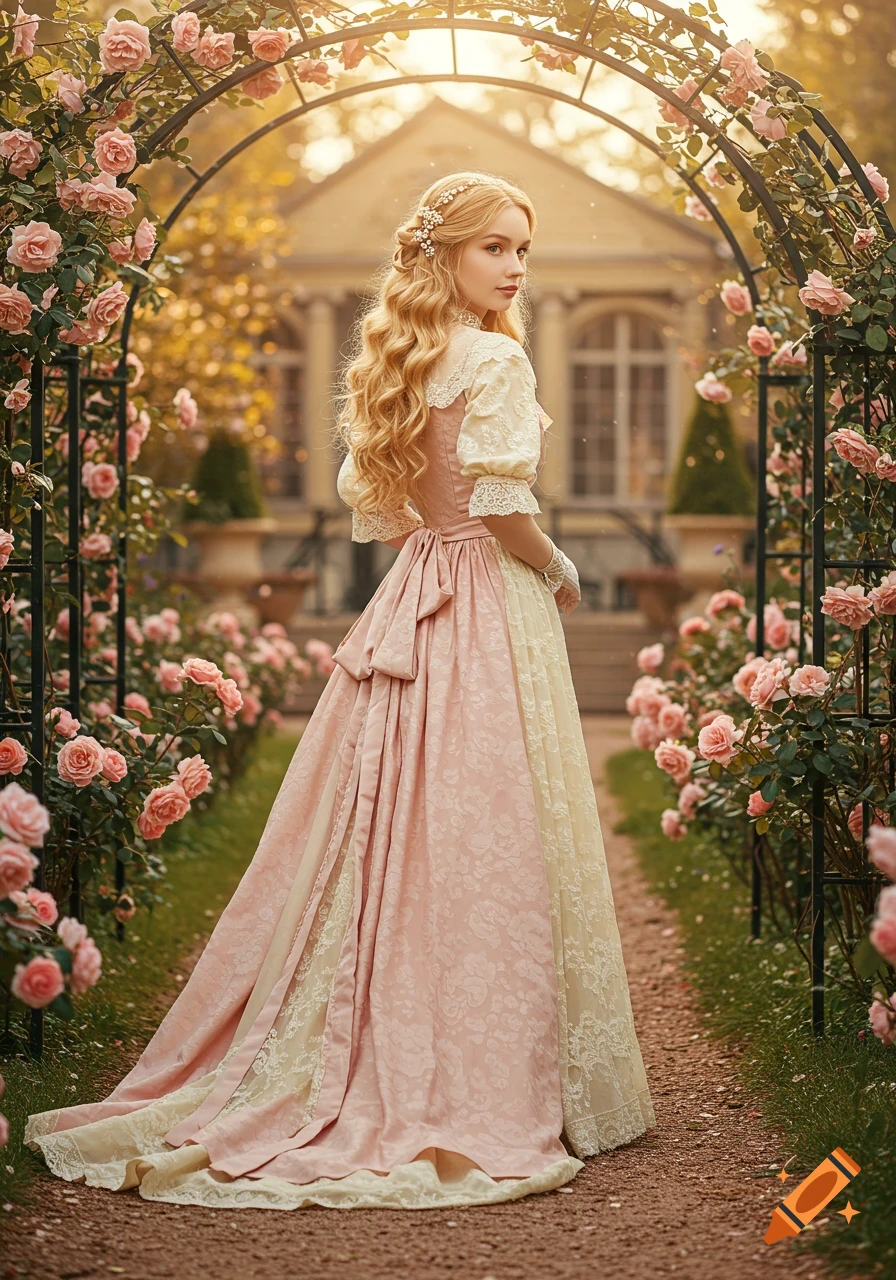Young blonde woman in a pink and ivory Edwardian dress standing in a rose garden, looking over her shoulder at a manor house.