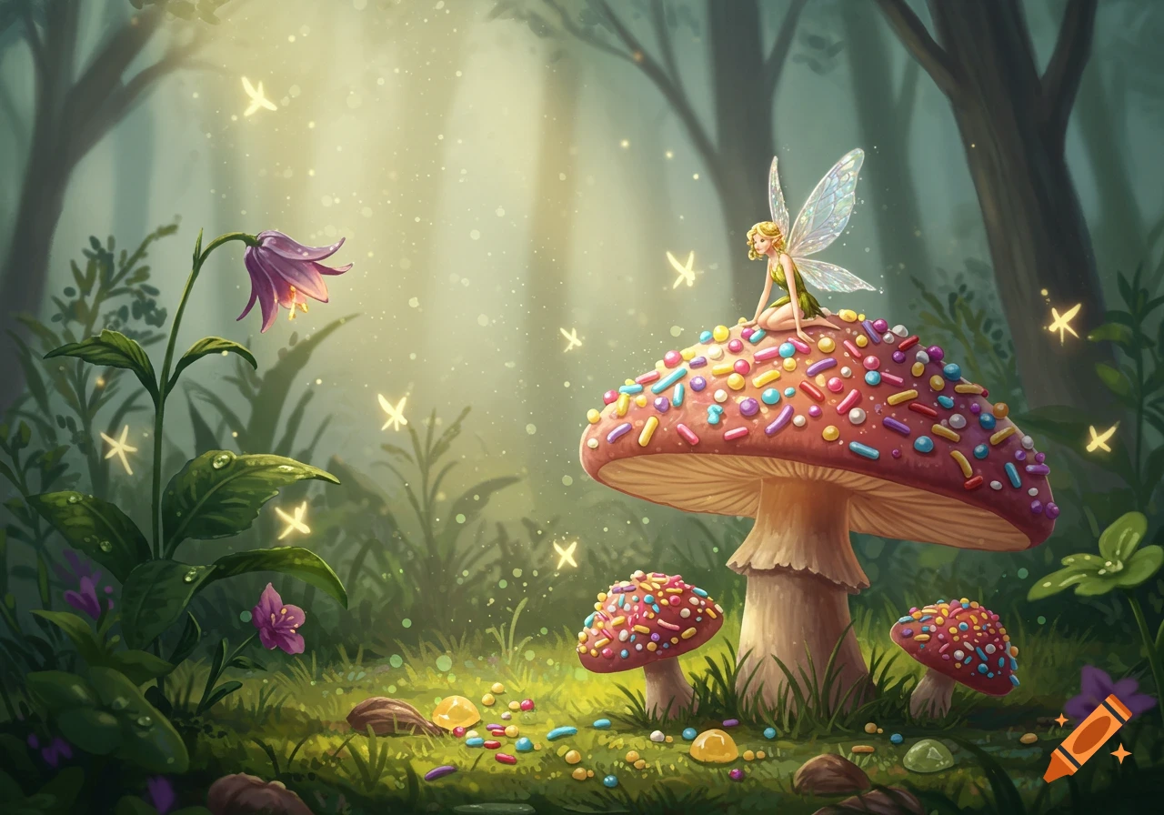A whimsical illustration of a fairy on a sprinkle-covered mushroom in a glowing, magical forest.