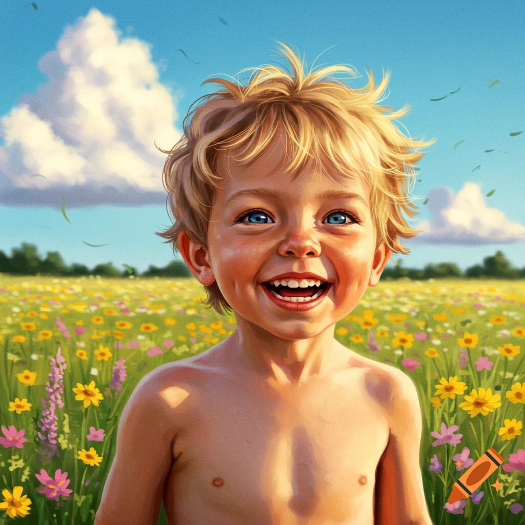 A smiling young boy with blond hair and blue eyes stands in a field of colorful flowers under a blue sky, digital illustration.