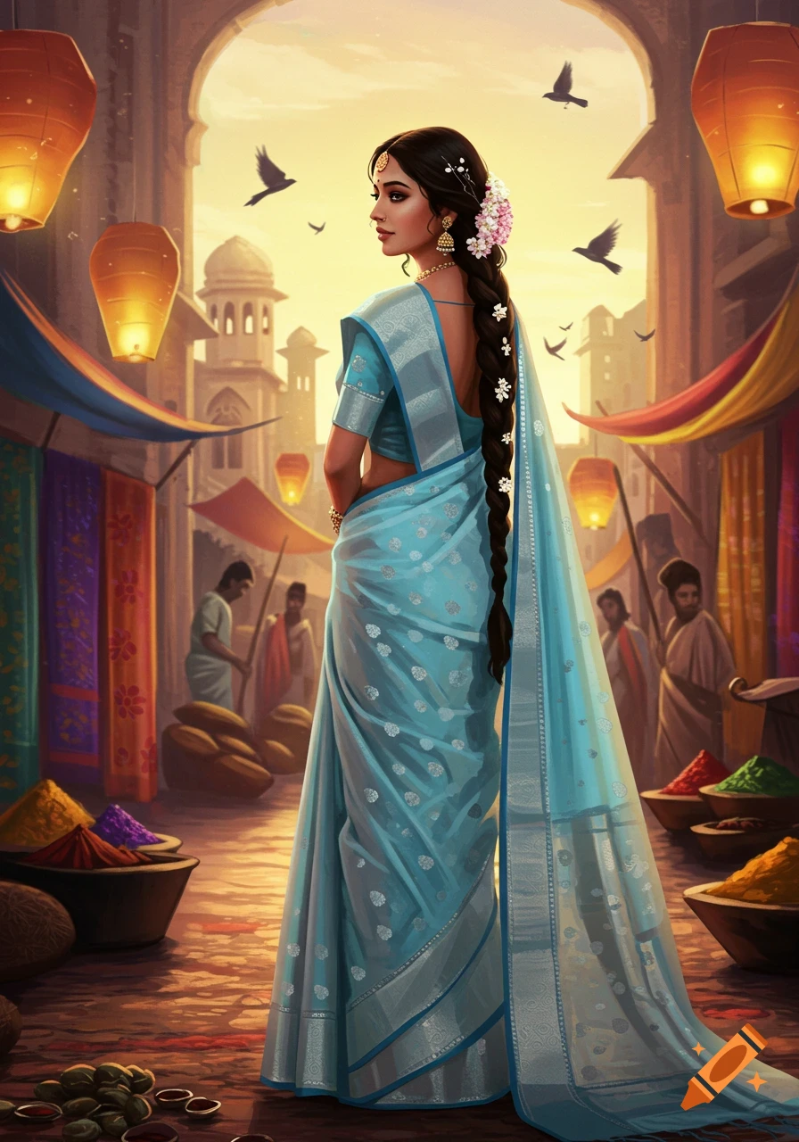An illustrated image of a woman in a light blue saree looking over her shoulder in a vibrant outdoor market with lanterns and spices.