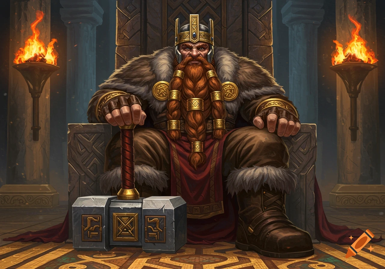 A majestic dwarf king with a braided red beard and fur-trimmed robes sits on a stone throne, holding a large hammer in a fantasy hall.