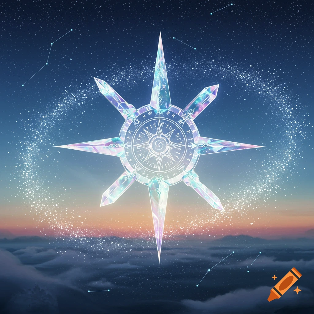 A shimmering crystal compass with runes, floating in a starlit celestial sky above clouds with constellations.