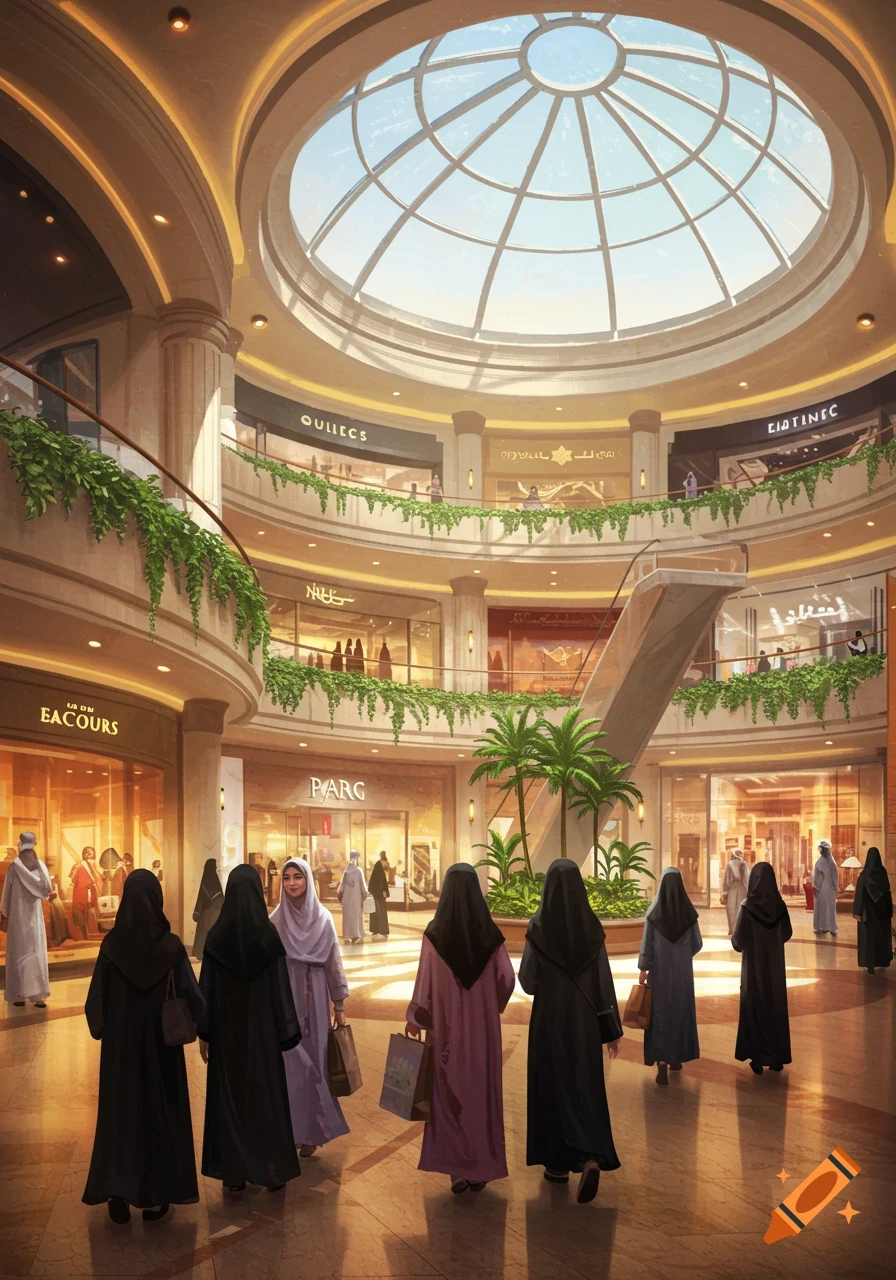 An illustration of a bustling multi-level shopping mall with a large dome skylight, featuring women in modest attire walking and shopping.