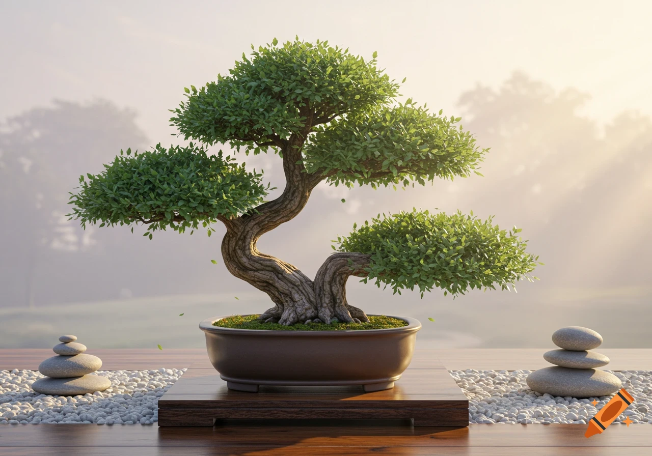 Photorealistic bonsai with a split trunk on a wooden stand, flanked by balanced stone stacks on pebbles, against a misty background.