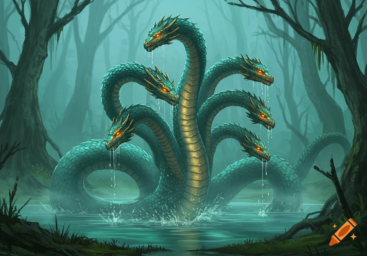 An illustration of a multi-headed green and gold hydra rising from misty swamp water in a dark forest.