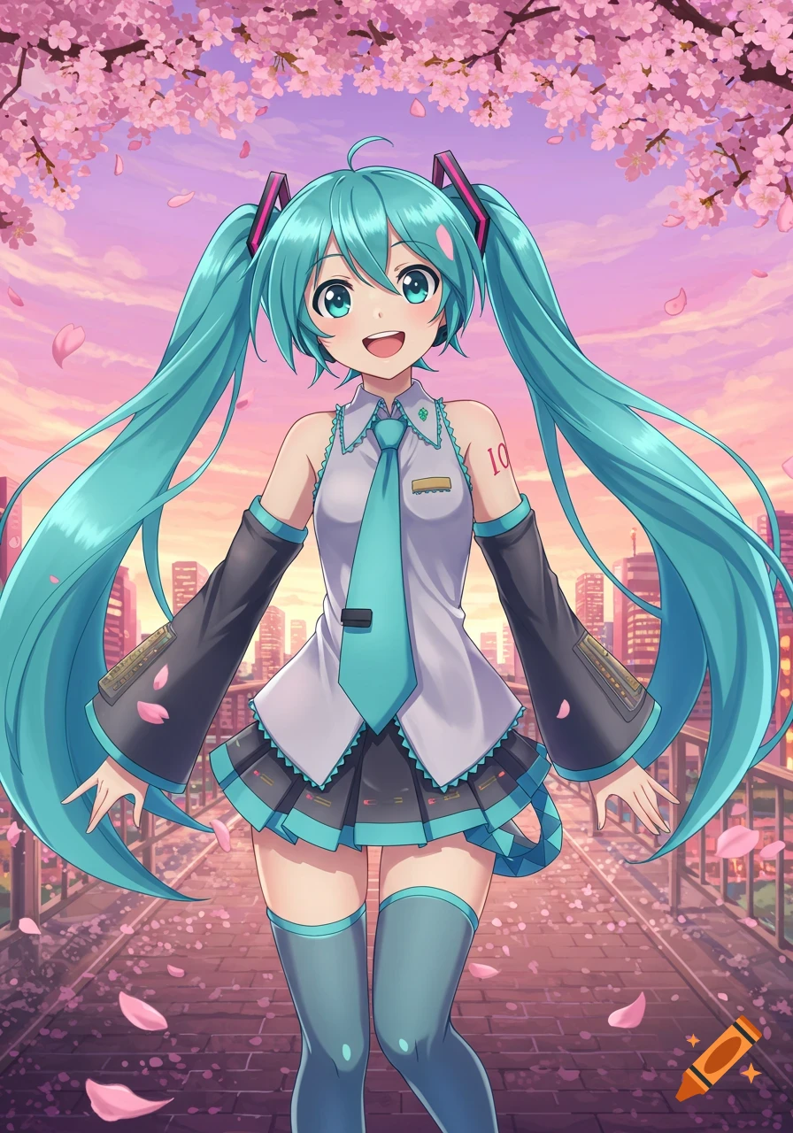 Cute anime art of Hatsune Miku smiling on a bridge under cherry blossoms with a city skyline.