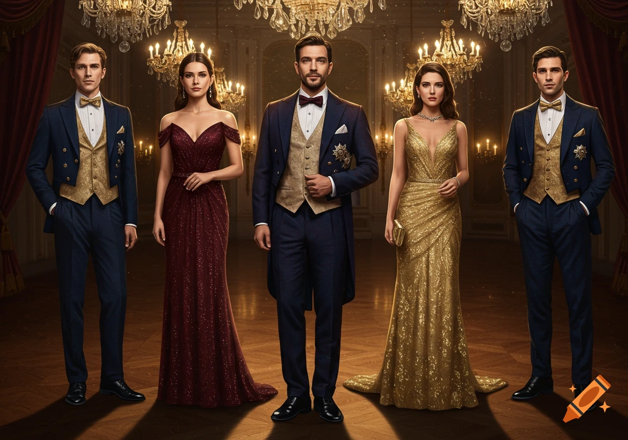 Five people in elegant formal attire, three men in suits and two women in sparkling gowns, standing in a grand ballroom.