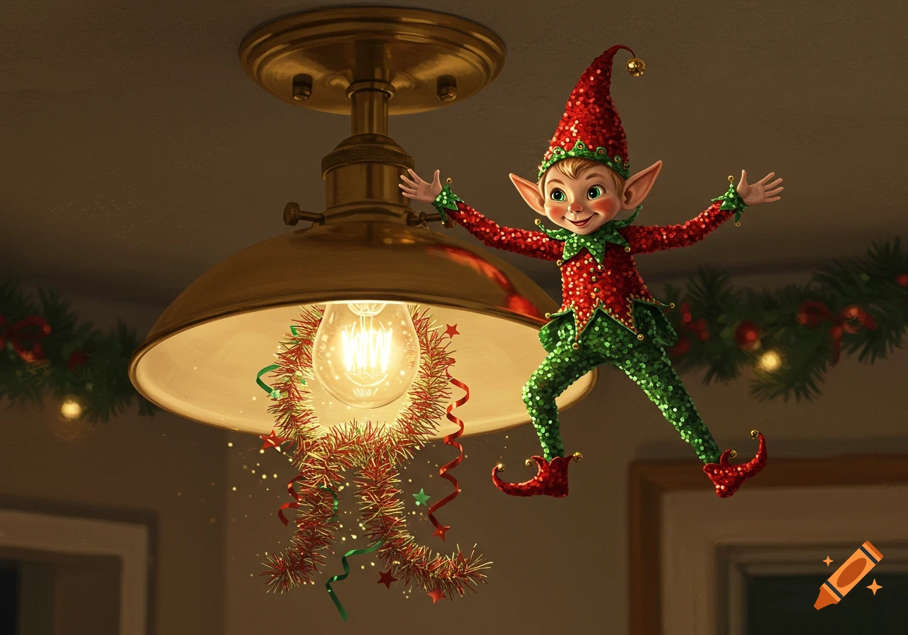 A festive elf in a sparkly red and green outfit hangs from a brass ceiling light, surrounded by tinsel and holiday decor.
