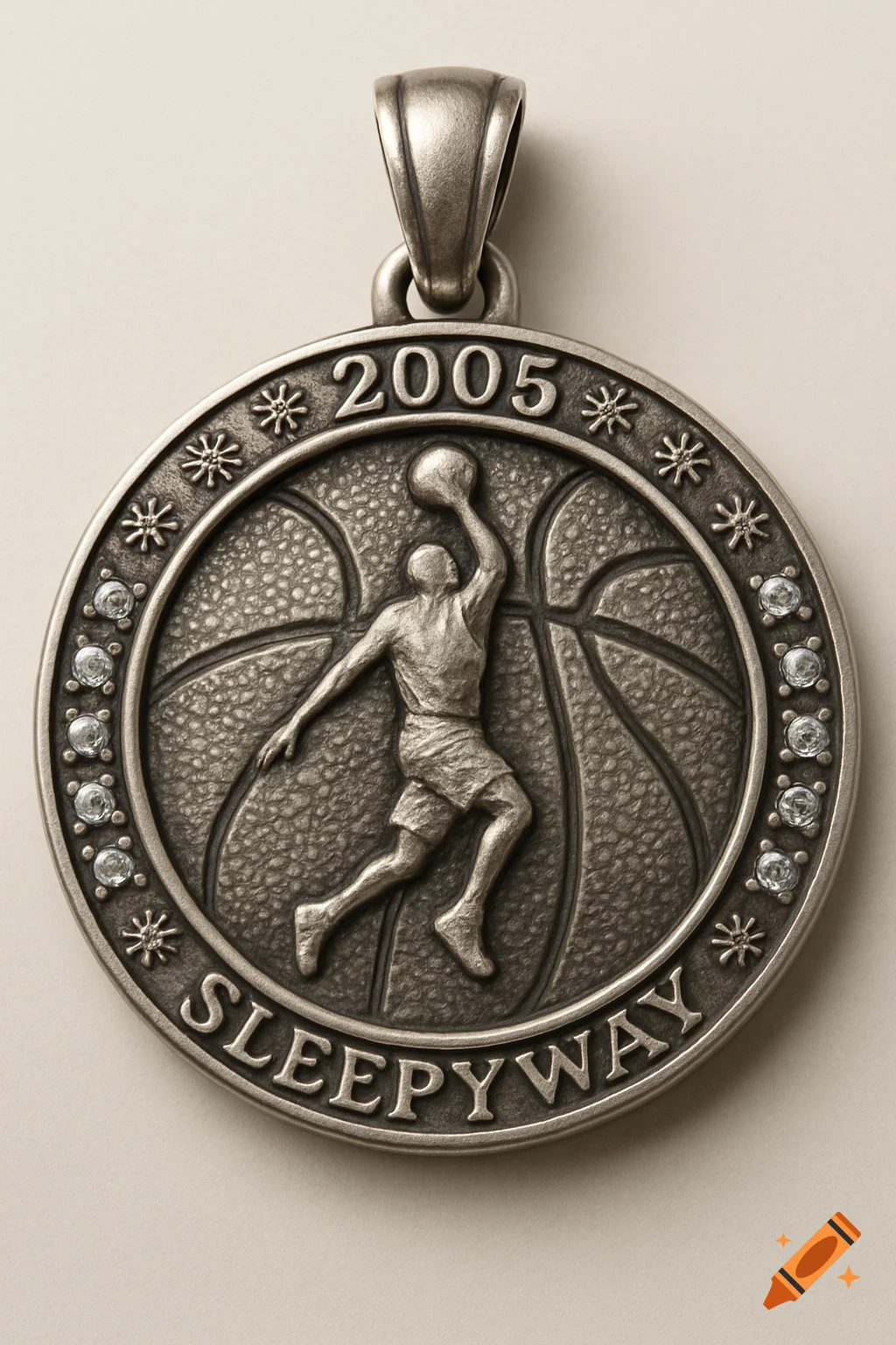 A finely crafted circular antique silver pendant with a basketball player, basketball texture, "2005", "SLEEPYWAY" text, snowflakes, and small gemstones.
