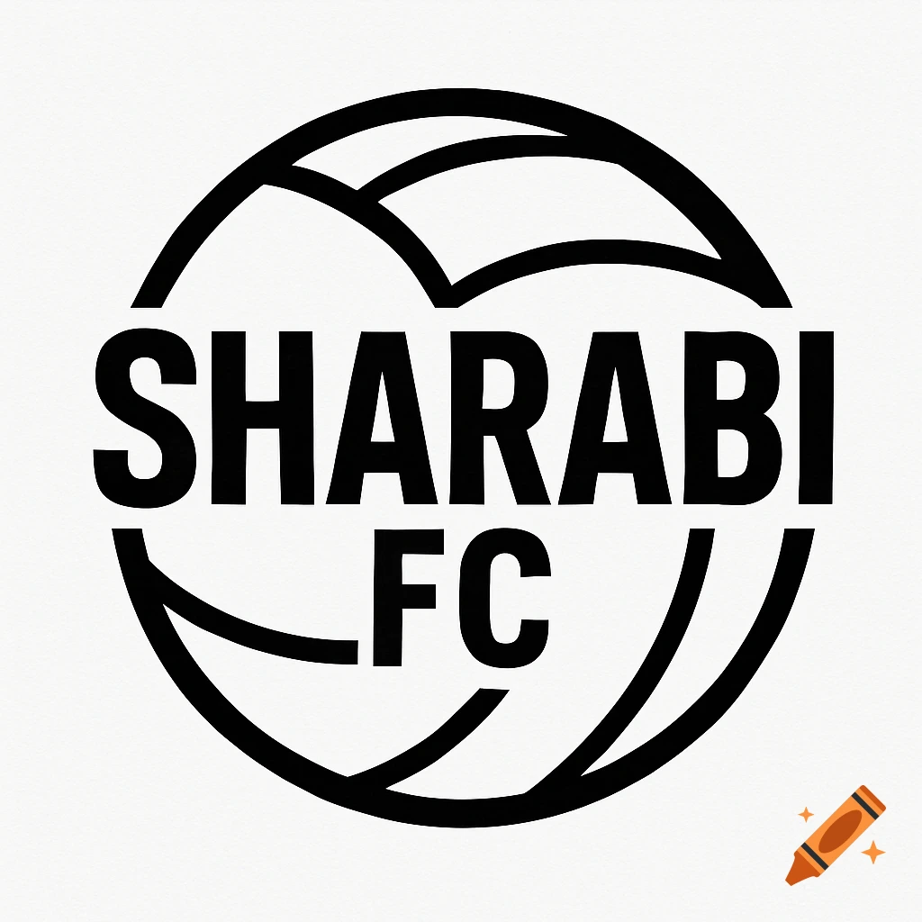Black and white logo for 'SHARABI FC' with text inside a stylized football outline.
