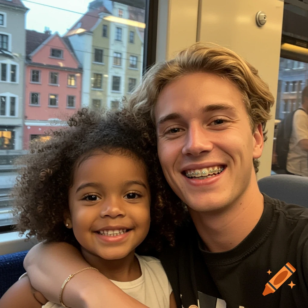 A smiling blonde man with braces takes a selfie with a smiling young girl with curly dark hair on a train, with buildings visible outside the window.