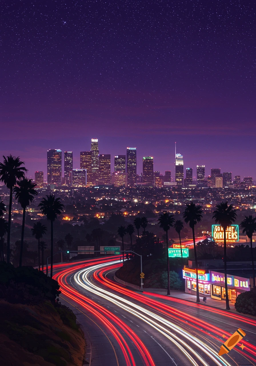 Los Angeles cityscape at night with a winding road, light trails, palm trees, and a purple starry sky.