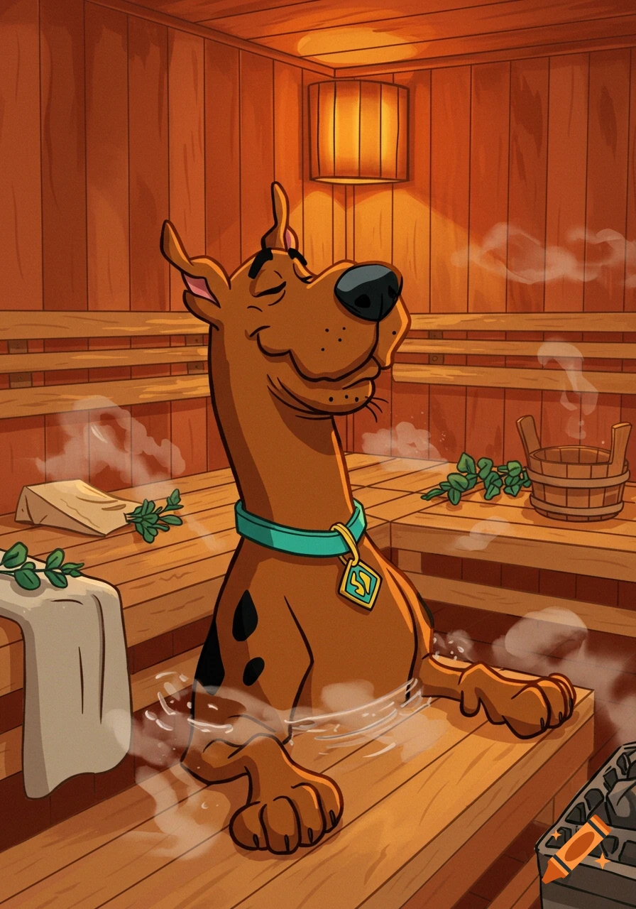 Scooby Doo relaxing with closed eyes in a steaming wooden sauna.